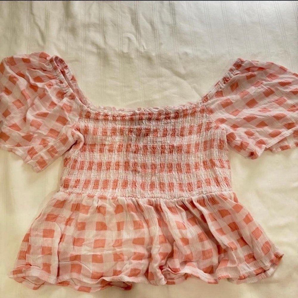 Pink Gingham Off-Shoulder Blouse